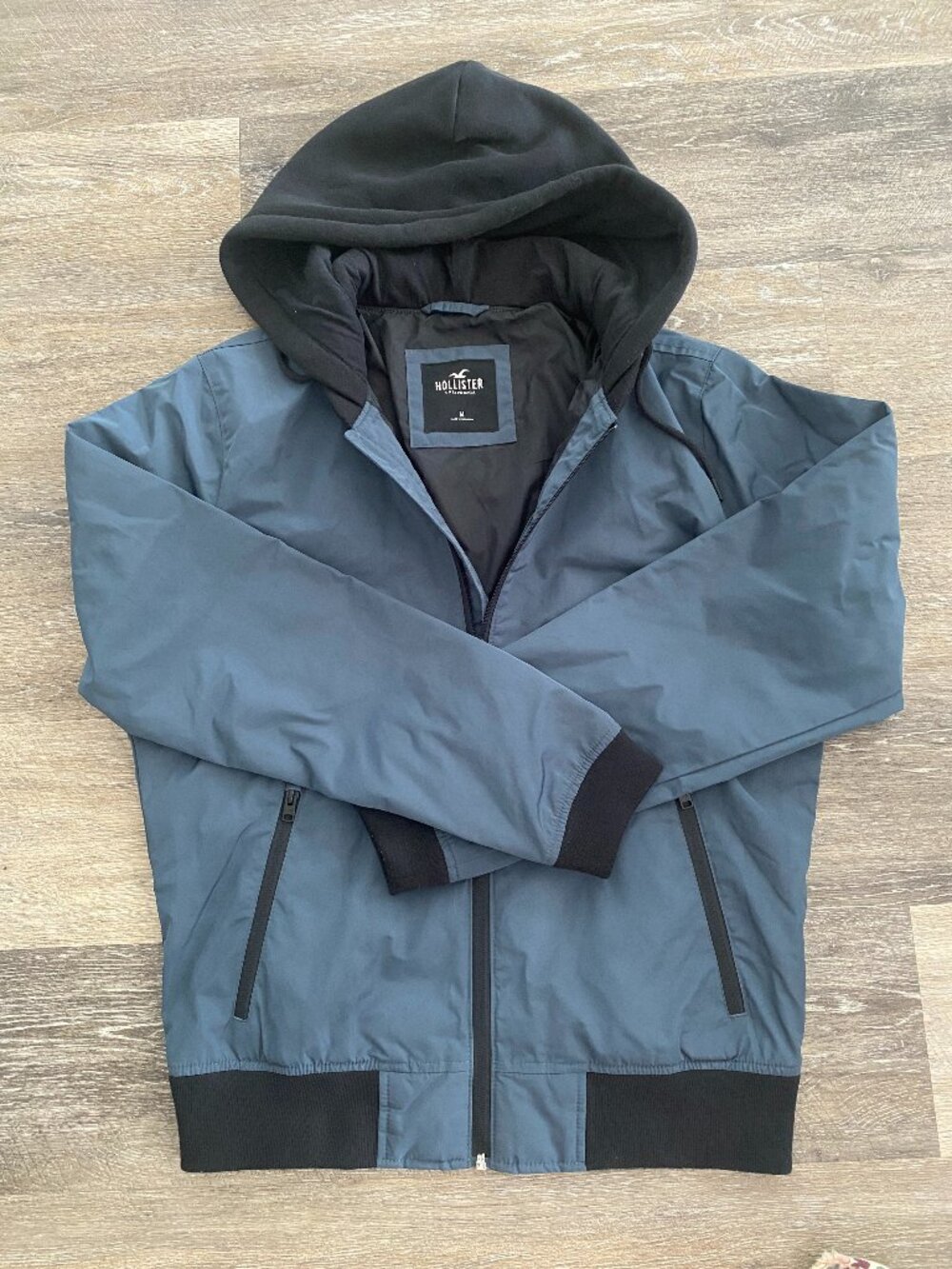 Hollister Men Fleece Hooded Bomber Jacket Blue Size M